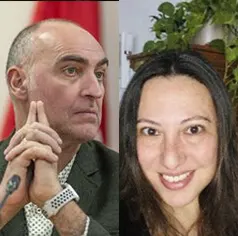 Side-by-side photo of a bald man in a suit with hands clasped near his face, and a smiling woman with long dark hair.