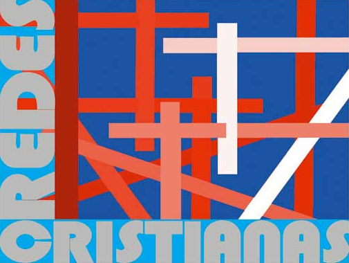 Abstract geometric Christmas-themed illustration with a blue background and intersecting red and pink bars; the word CHRISTMAS appears in light blue along the bottom.