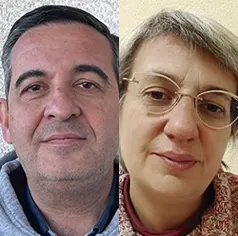 Side-by-side portraits of a man on the left and a woman on the right, both facing the camera.