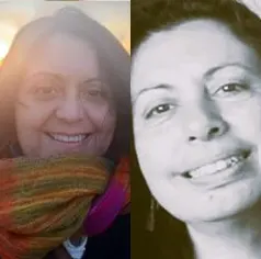 Split image of a smiling woman: left in color with a scarf at sunset, right in black-and-white close-up.