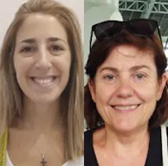 Two women smiling side by side: a younger woman with long light brown hair and a cross necklace on the left, and an older woman with dark hair and sunglasses on her head on the right.