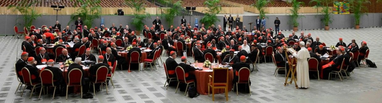 Cardinals in red robes seated at round tables in a large banquet hall, with a clergy member speaking at a podium.
