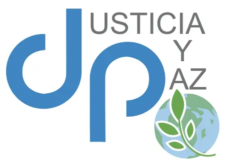 Logo for Justicia y Paz with blue stylized JP letters, gray 'JUSTICIA Y PAZ' text, and a globe with green leaves.