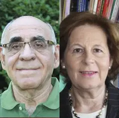 Two side-by-side portraits: left an older man with glasses in a green polo; right an older woman in a blazer in front of a bookshelf.