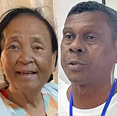Split image of an older Asian woman smiling on the left and a serious Black man on the right.