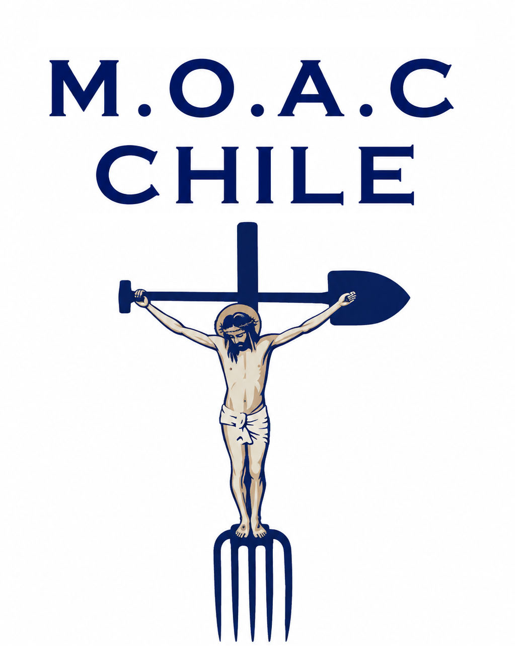 Logo for M.O.A.C. Chile with blue text and a stylized crucified figure standing on a large fork-shaped tool.