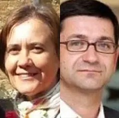 Side-by-side portrait of a smiling woman on the left and a man wearing glasses on the right.