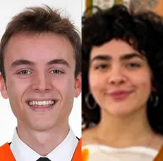 Two people smiling for a split-image portrait: a man on the left and a woman on the right.