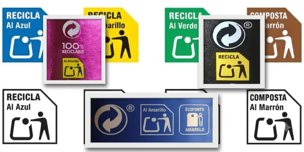 Collage of recycling and compost signs in blue, yellow, green, and brown with bin icons and 'Recicla' and 'Composta' labels.